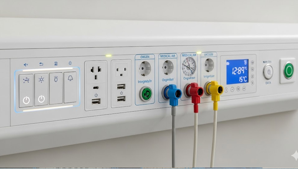 Anti-bacterial white modular switches and red emergency socket on hospital wall
