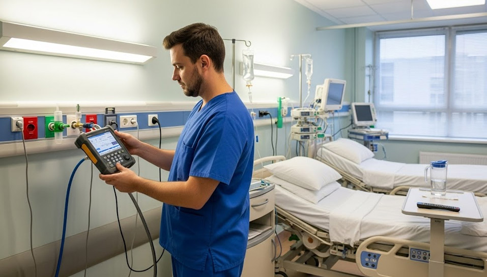 Biomedical engineer testing medical gas outlet pressure and purity in a hospital ward