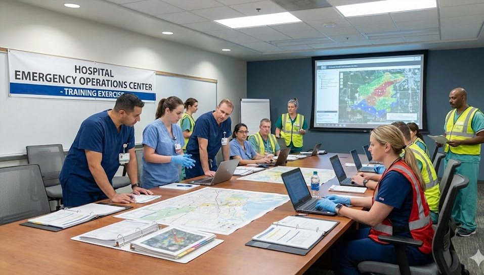 Hospital staff reviewing emergency evacuation plans and signage