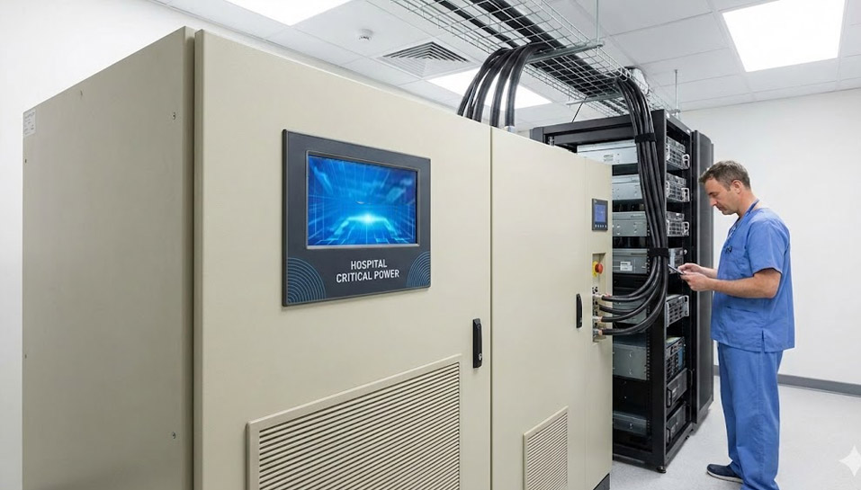 Industrial Online UPS system with battery bank in a hospital server room